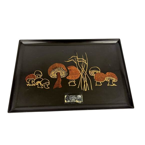 Vintage MCM Mushroom Serving Tray Inlaid Wood Decor 18"x12.5” Couroc of Monterey - Picture 1 of 13